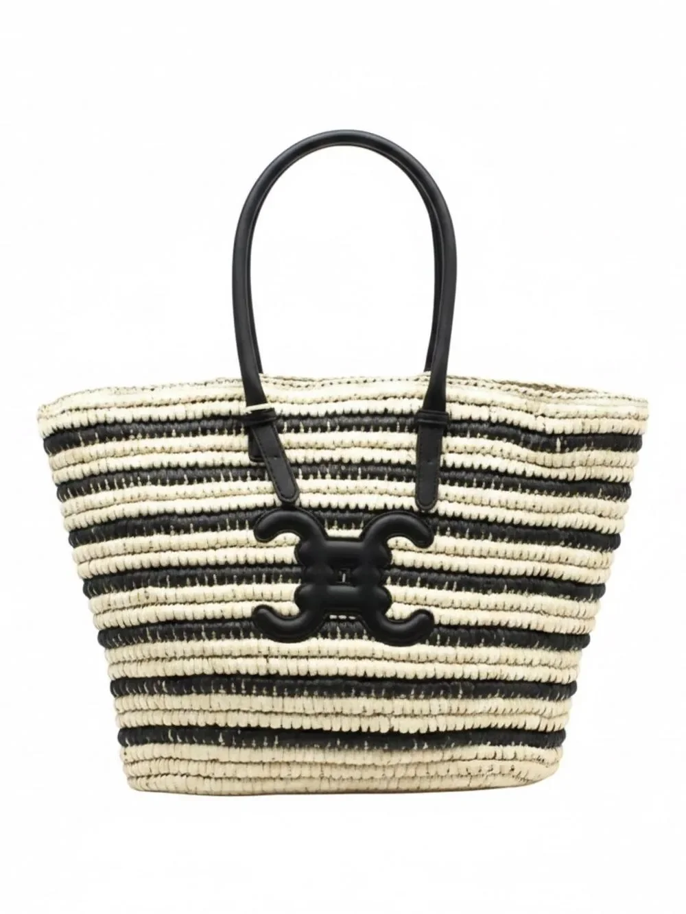 NEW-Black & White Crocheted Straw Striped Summer Tote Bag From Paris